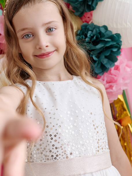 Girl's Christmas dress with sequins and tulle - ecru