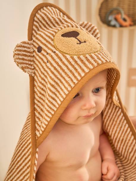 Cape de bain et gant de toilette PETIT OURS, avec coton recylé rayé beige - vertbaudet enfant 
