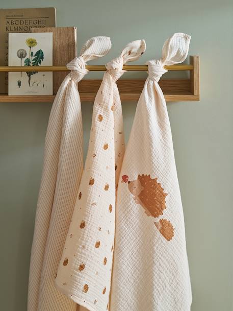 Set of 3 HEDGEHOG Cotton Gauze Muslin Squares printed beige - vertbaudet enfant 