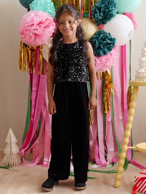 -Combinaison fille bi-matière sequins et velours 