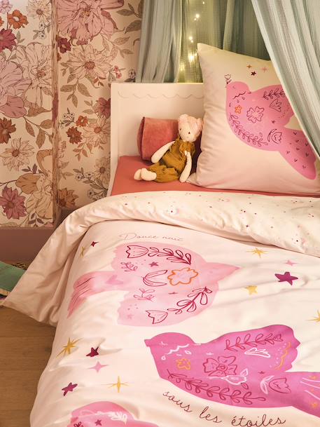 Parure housse de couette + taie d'oreiller enfant réversible BIRDY, avec coton recyclé rose poudré - vertbaudet enfant 