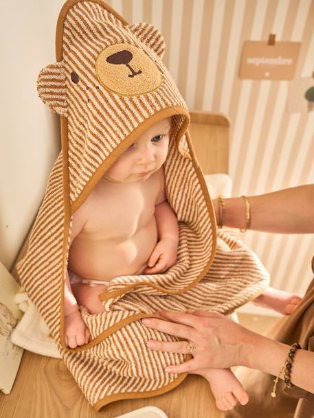 Bath cape + PETIT OURS wash mitt, with recycled cotton striped beige - vertbaudet enfant 