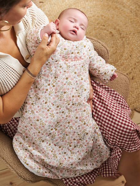Customisable baby sleeping bag with detachable sleeves FLORA printed white - vertbaudet enfant 