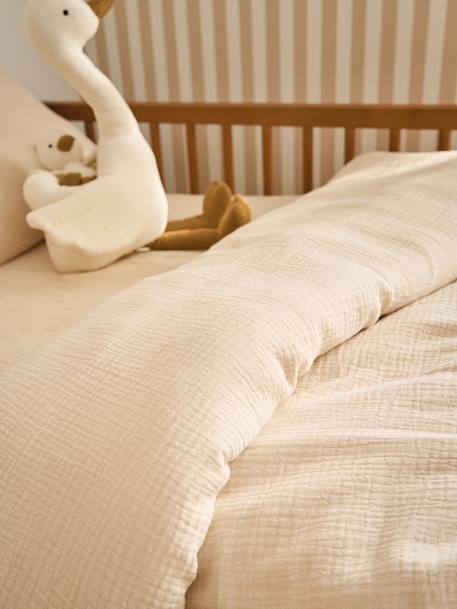 Plain Duvet Cover + Pillowcase Set in Organic Cotton* Gauze for Babies ochre+sage green+vanilla - vertbaudet enfant 