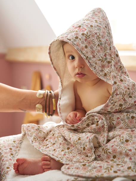 Cotton Muslin Bath Cape + Wash Mitt, FLORA printed white - vertbaudet enfant 