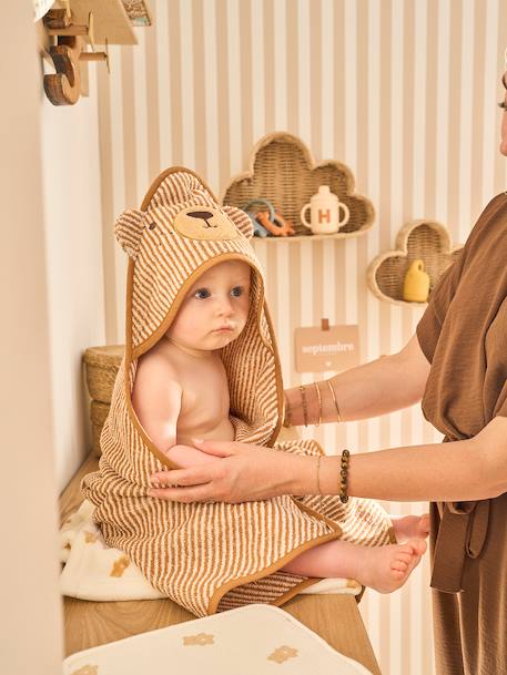 Bath cape + PETIT OURS wash mitt, with recycled cotton striped beige - vertbaudet enfant 
