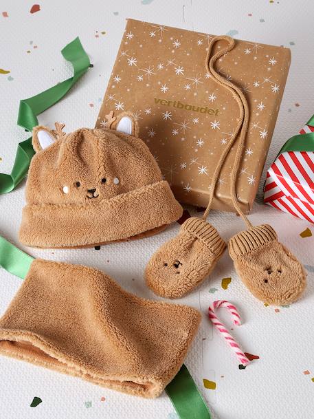 Christmas Set with Bear Beanie, Snood & Mittens for Babies pecan nut - vertbaudet enfant 