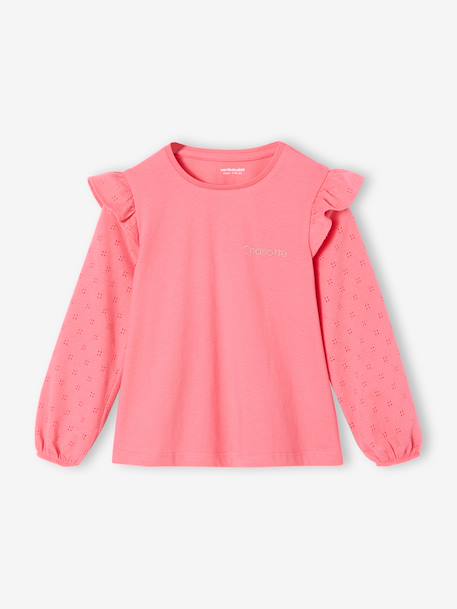 Tee-shirt blouse fille manches longues à volant personnalisable écru+rose - vertbaudet enfant 