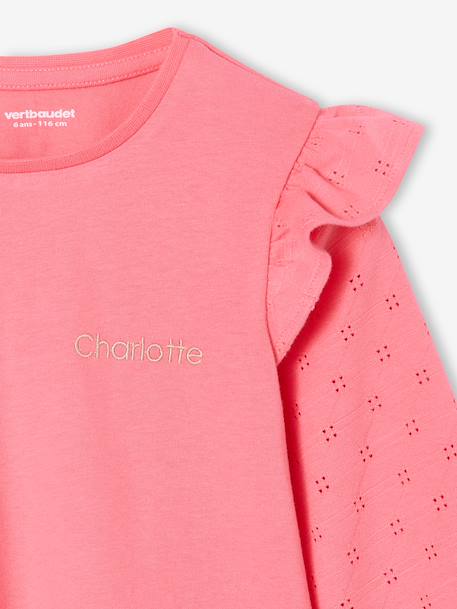 Ruffled Long Sleeve Top for Girls, BASICS ecru+rose - vertbaudet enfant 