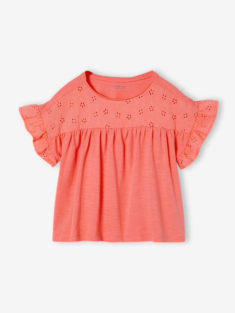 T-shirt fille manches détails brodés corail+écru+kaki - vertbaudet enfant 