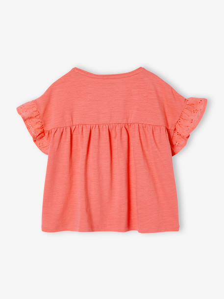 Girl's t-shirt with embroidered details coral+ecru+khaki - vertbaudet enfant 