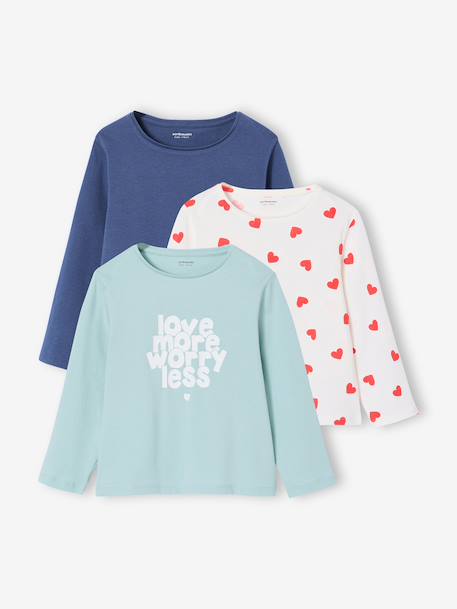 Lot de 3 t-shirts fille fantaisie manches longues anthracite+bleu grisé+corail+indigo+rose - vertbaudet enfant 