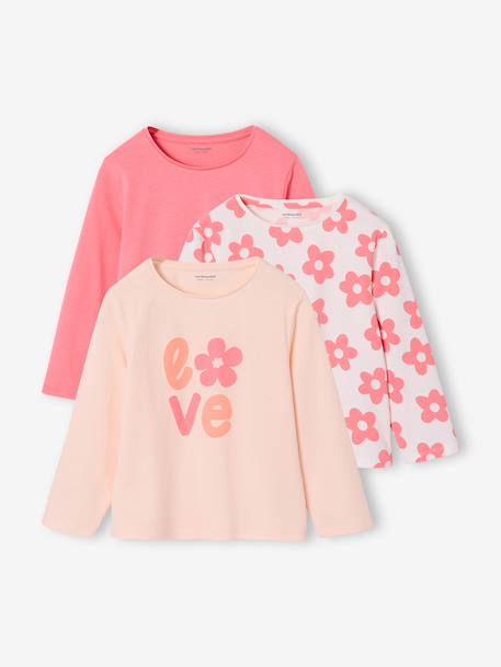 Lot de 3 t-shirts fille fantaisie manches longues anthracite+bleu grisé+corail+indigo+rose - vertbaudet enfant 