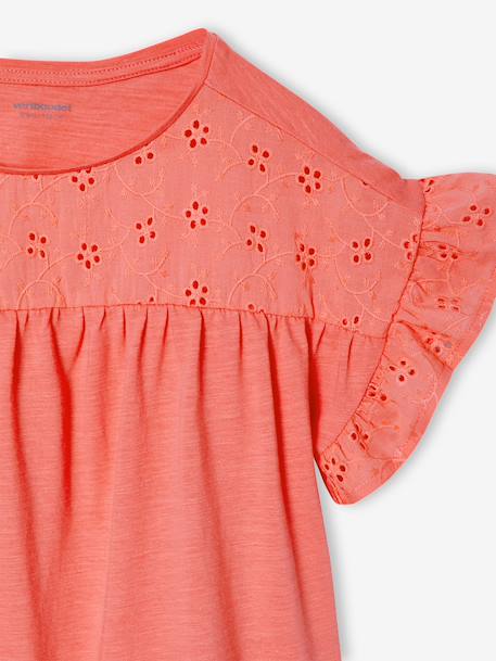 Girl's t-shirt with embroidered details coral+ecru+khaki - vertbaudet enfant 