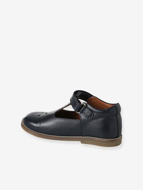 Girls' leather mary janes with touch-and-close fastening navy blue+white - vertbaudet enfant 