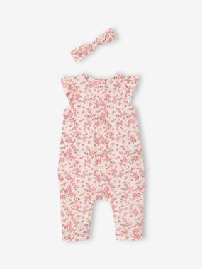 -Ensemble bébé fille combinaison + bandeau imprimés 