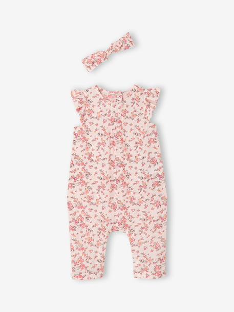 Jumpsuit + Headband Set, for Baby Girls Green/Print+pale pink+printed pink+rosy - vertbaudet enfant 