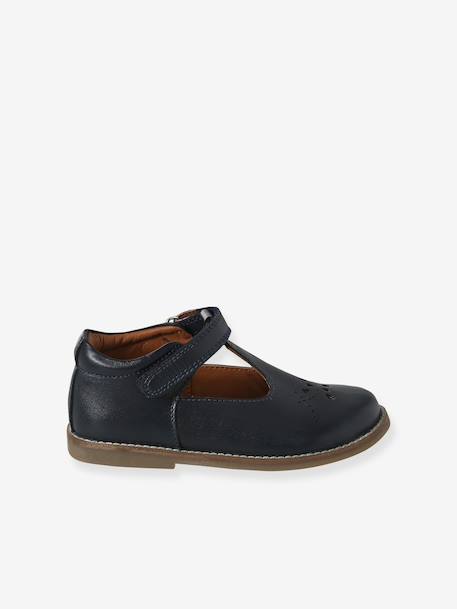 Girls' leather mary janes with touch-and-close fastening navy blue+white - vertbaudet enfant 
