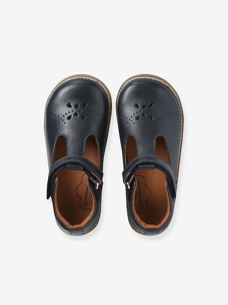 Girls' leather mary janes with touch-and-close fastening navy blue+white - vertbaudet enfant 