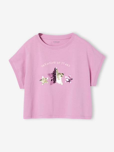 T-Shirt with Sequinned Motif, for Girls aqua green+ecru+lilac - vertbaudet enfant 