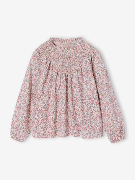 Girl's blouse with smocked sleeves ecru+pale pink - vertbaudet enfant 