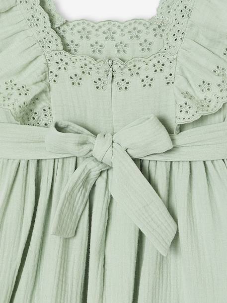 Cotton Gauze Occasion Wear Dress with Broderie Anglaise Sleeves, for Girls pale pink+sage green - vertbaudet enfant 