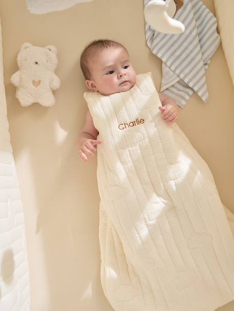 Customisable organic muslin sleeveless baby sleeping bag IN THE CLOUDS ecru - vertbaudet enfant 