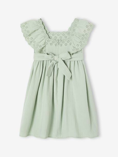 Cotton Gauze Occasion Wear Dress with Broderie Anglaise Sleeves, for Girls pale pink+sage green - vertbaudet enfant 