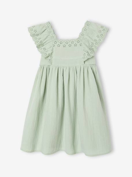 Cotton Gauze Occasion Wear Dress with Broderie Anglaise Sleeves, for Girls pale pink+sage green - vertbaudet enfant 