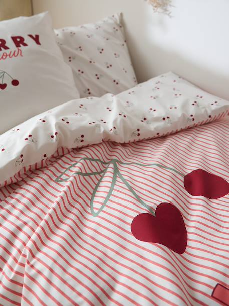 Duvet Cover & Pillowcase Set with Recycled Cotton, CHERRY STRIPES striped red - vertbaudet enfant 