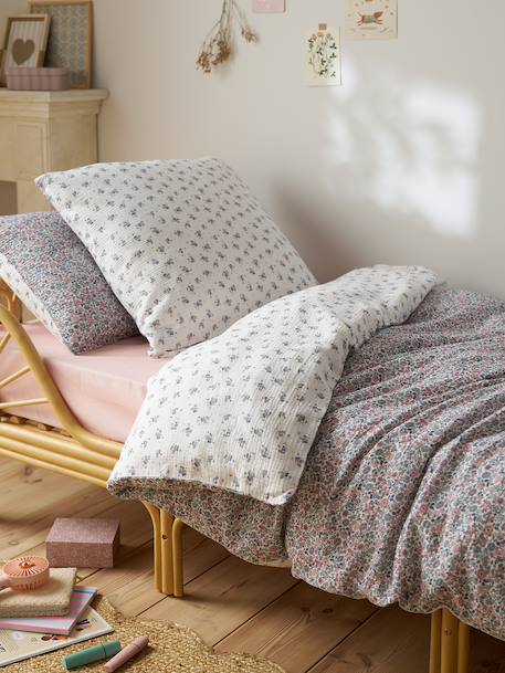 Duvet cover and pillowcase set in RETRO FLOWERS cotton gauze, with recycled cotton printed pink - vertbaudet enfant 