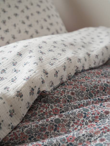 Duvet cover and pillowcase set in RETRO FLOWERS cotton gauze, with recycled cotton printed pink - vertbaudet enfant 