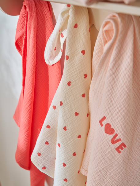 Pack of 3 Cotton Gauze Muslin Squares with Hearts printed pink - vertbaudet enfant 