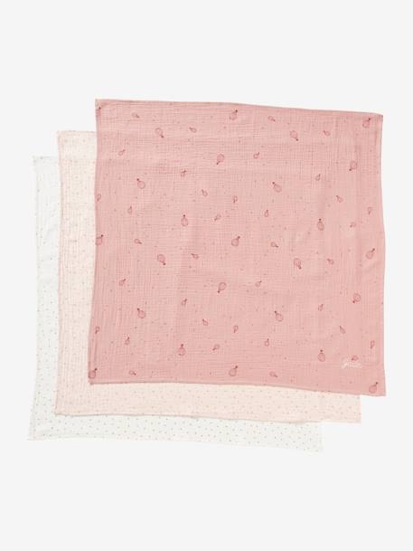 Pack of 3 Muslin Squares in Cotton Gauze Pink/Print - vertbaudet enfant 