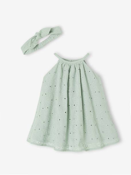 Broderie Anglaise Dress with Matching Accessory sage green - vertbaudet enfant 