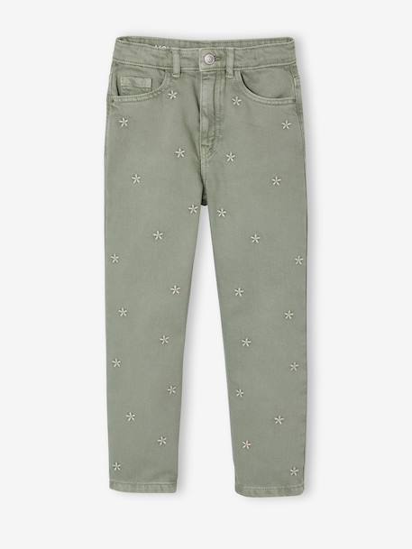 Embroidered girl's mom fit trouser grey green+rosy - vertbaudet enfant 