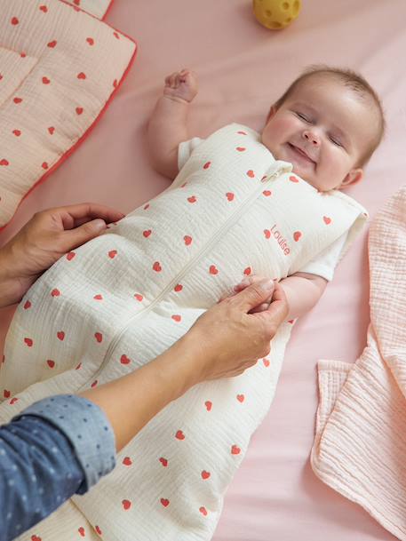 Sleeping Bag in Organic Cotton Muslin for Babies, HEART ecru - vertbaudet enfant 