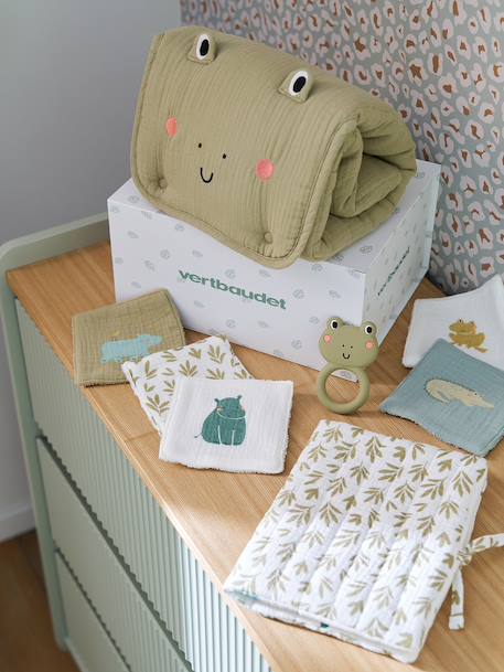 8-piece baby gift set: 1 rattle, 1 travel changing mat, 5 wipes, 1 pouch ochre+printed green+printed white - vertbaudet enfant 
