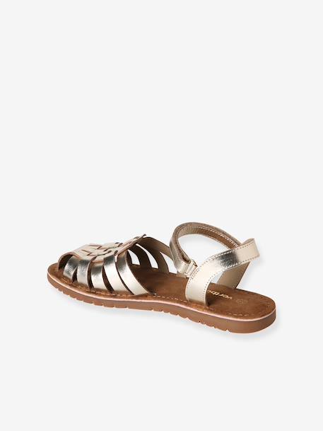 Leather Sandals with Hook-&-Loop Straps for Children ecru+gold - vertbaudet enfant 