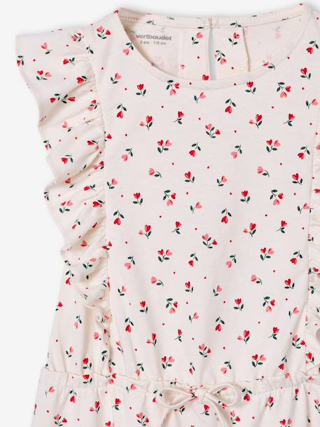 Printed frilled-sleeve dress for girls emerald green+pale pink+printed white - vertbaudet enfant 