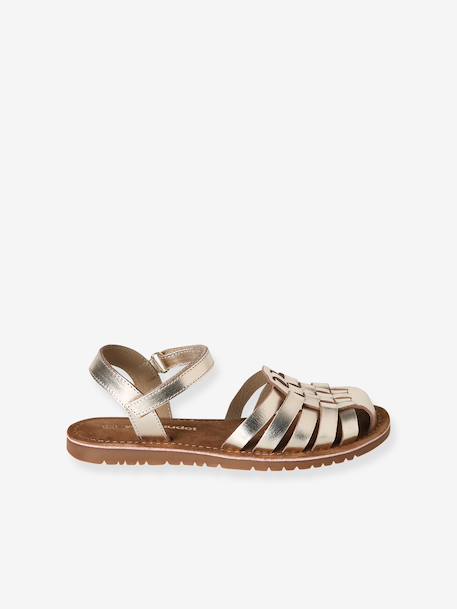 Leather Sandals with Hook-&-Loop Straps for Children ecru+gold - vertbaudet enfant 
