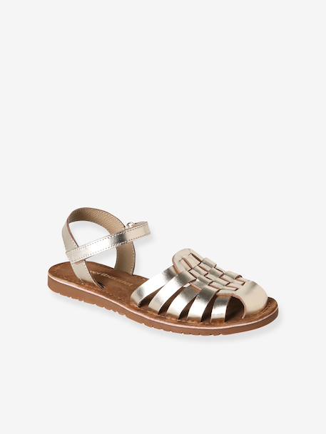 Leather Sandals with Hook-&-Loop Straps for Children ecru+gold - vertbaudet enfant 