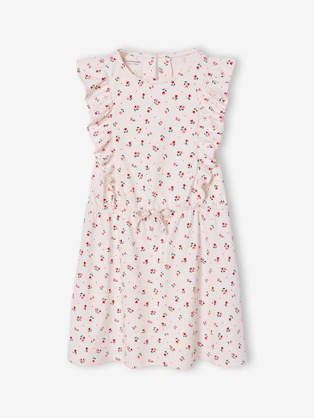 Printed frilled-sleeve dress for girls emerald green+pale pink+printed white - vertbaudet enfant 