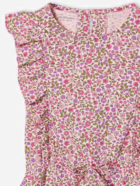 Printed frilled-sleeve dress for girls emerald green+pale pink+printed white - vertbaudet enfant 