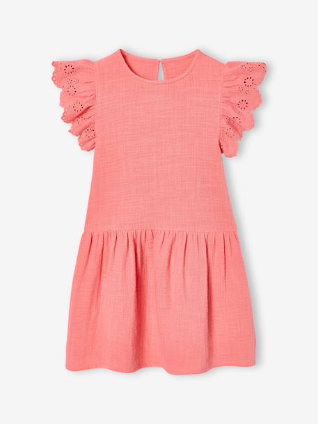 Girls' cotton gauze dress with short embroidered sleeves coral+yellow - vertbaudet enfant 