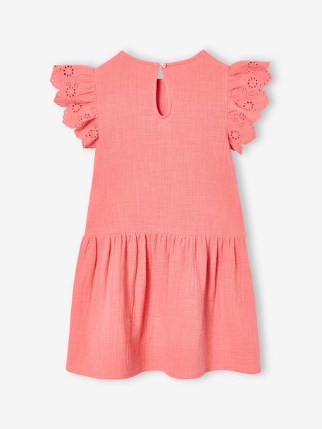 Girls' cotton gauze dress with short embroidered sleeves coral+yellow - vertbaudet enfant 