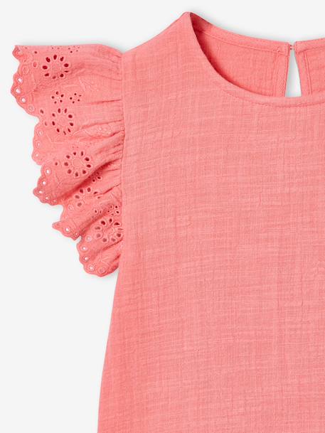 Girls' cotton gauze dress with short embroidered sleeves coral+yellow - vertbaudet enfant 