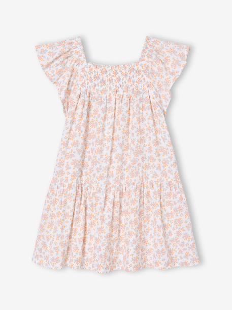 Robe fille à smocks imprimée fleurs rose poudré+vanille - vertbaudet enfant 