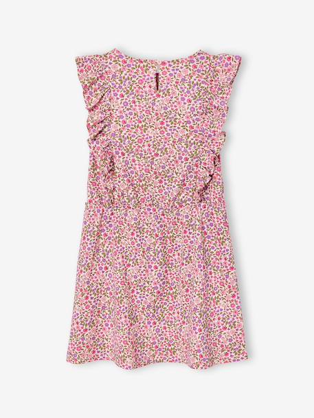 Printed frilled-sleeve dress for girls emerald green+pale pink+printed white - vertbaudet enfant 