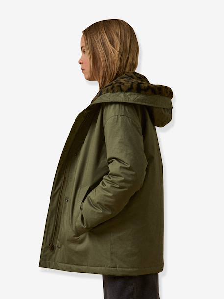 Girl's short parka with leopard lining CYRILLUS green - vertbaudet enfant 